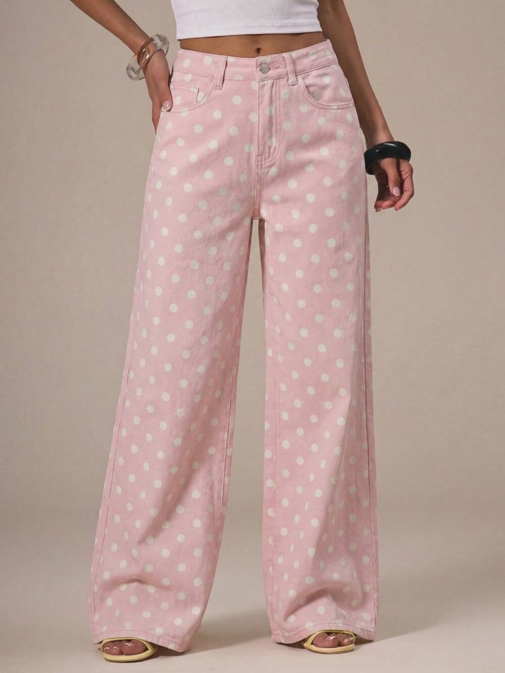 Pink Casual Women's Polka DotDenim Straight Leg Mid Rise Jeans